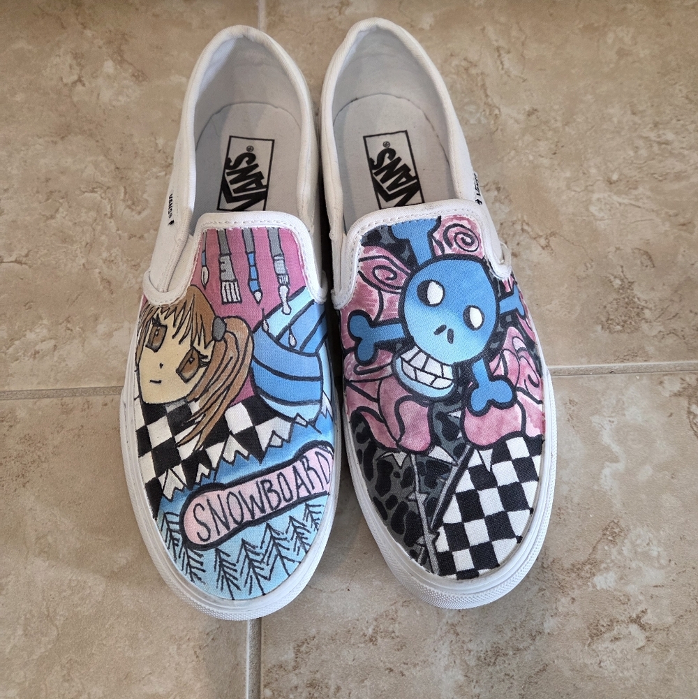 Vans Slip-On Sneakers - Blue and Pink Snowboard Girl Graphic